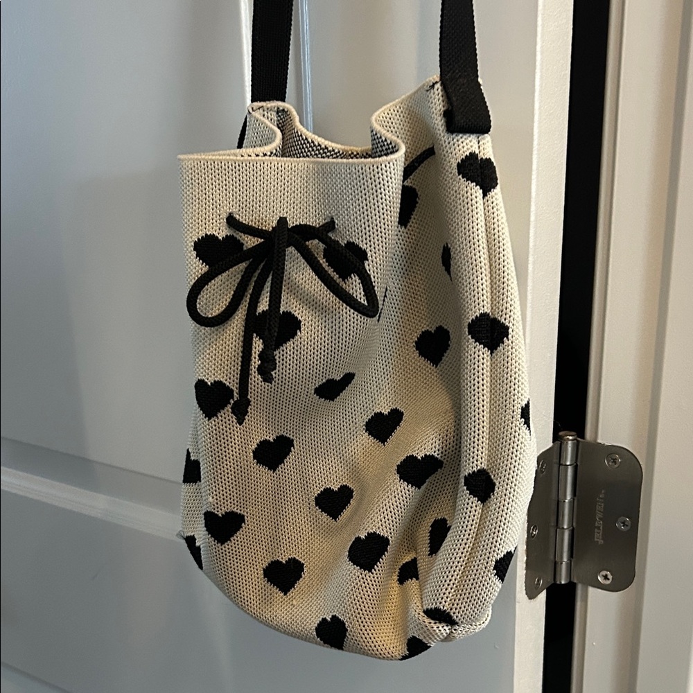 Heart Patterned Cream and Black Women's Bag